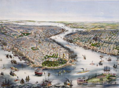 Vogelperspectief van New York en Brooklyn, gedrukt door I. Schaerer door J.H. Lochner